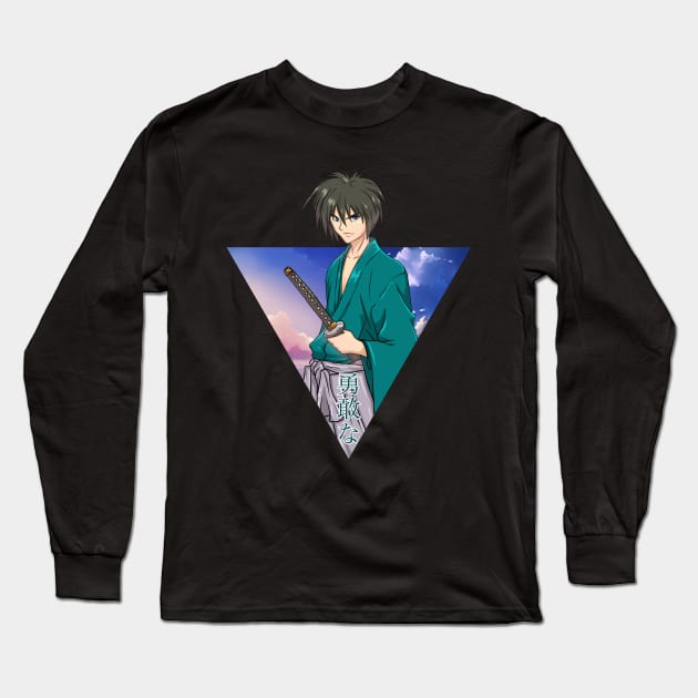 Anime Samurai With Katana Sword & Japanese Kanji Writing in Triangle Long Sleeve T-Shirt by Vaporwave